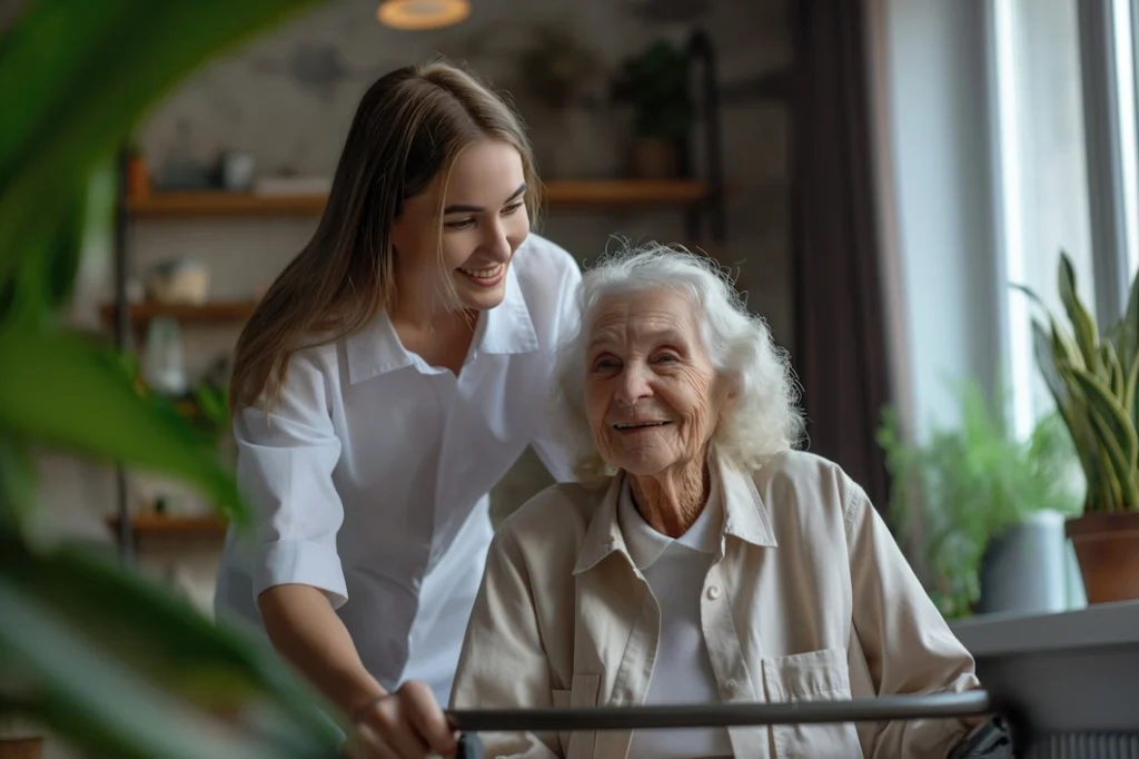 A smiling young caregiver in a light blue uniform stands behind an elderly woman, offering comfort and support. The image reflects the warmth and dedication of 24/7 caregiving services.